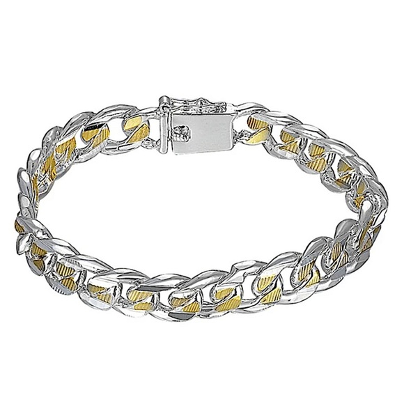 Cuban Chain Link Sterling Silver Gold Two Tone Silver Unisex Bracelet - Picture 2 of 5